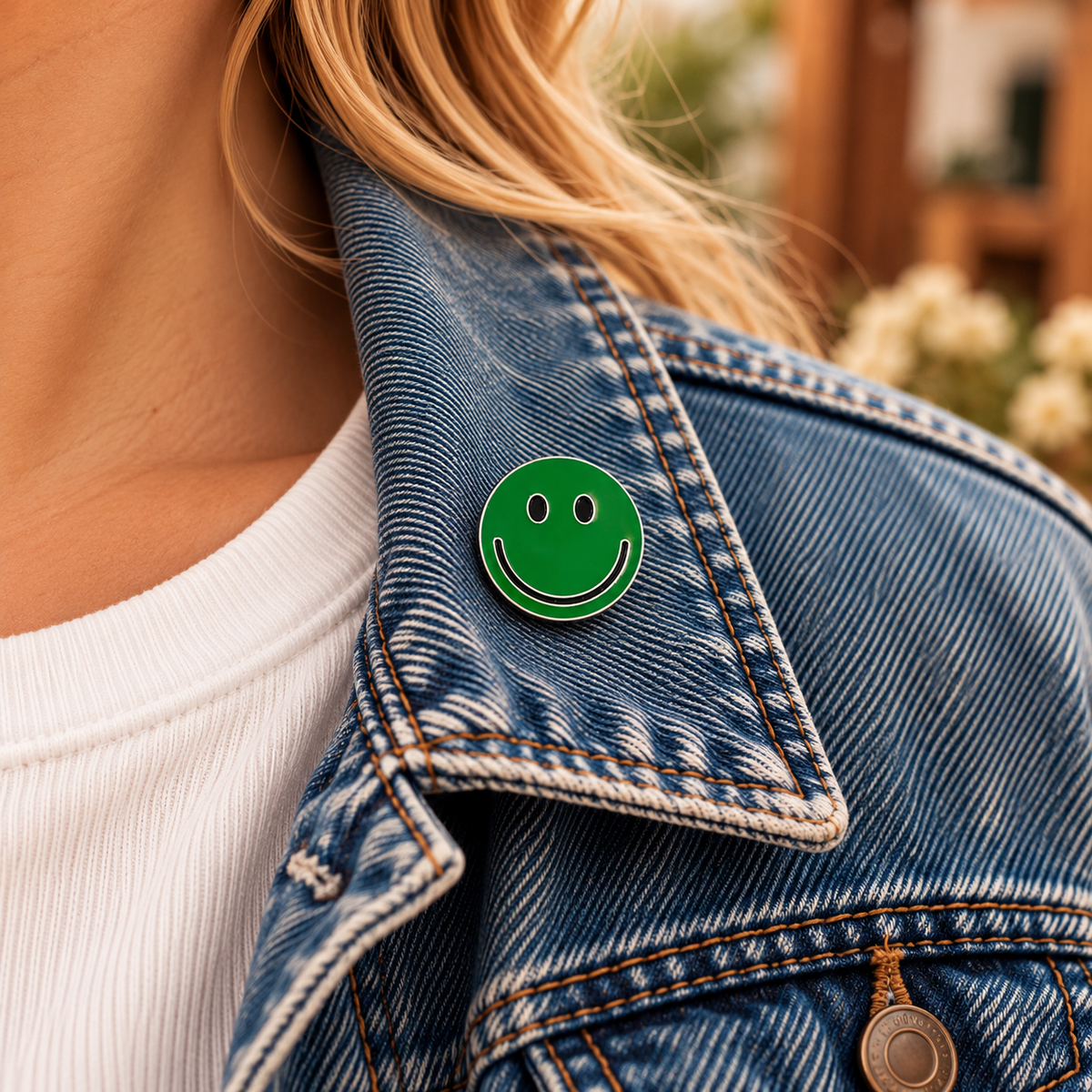 One-inch green smiley enamel pin worn on denim jacket collar