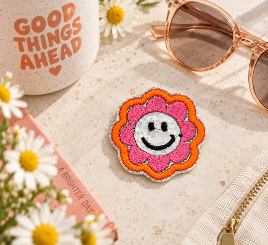 Groovy Smiley Flower Iron-On Patch styled lifestyle photo