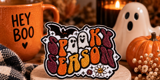 Groovy Spooky Season embroidered Halloween patch styled with warm spooky decor