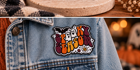 Groovy Spooky Season embroidered Halloween patch worn on a denim jacket