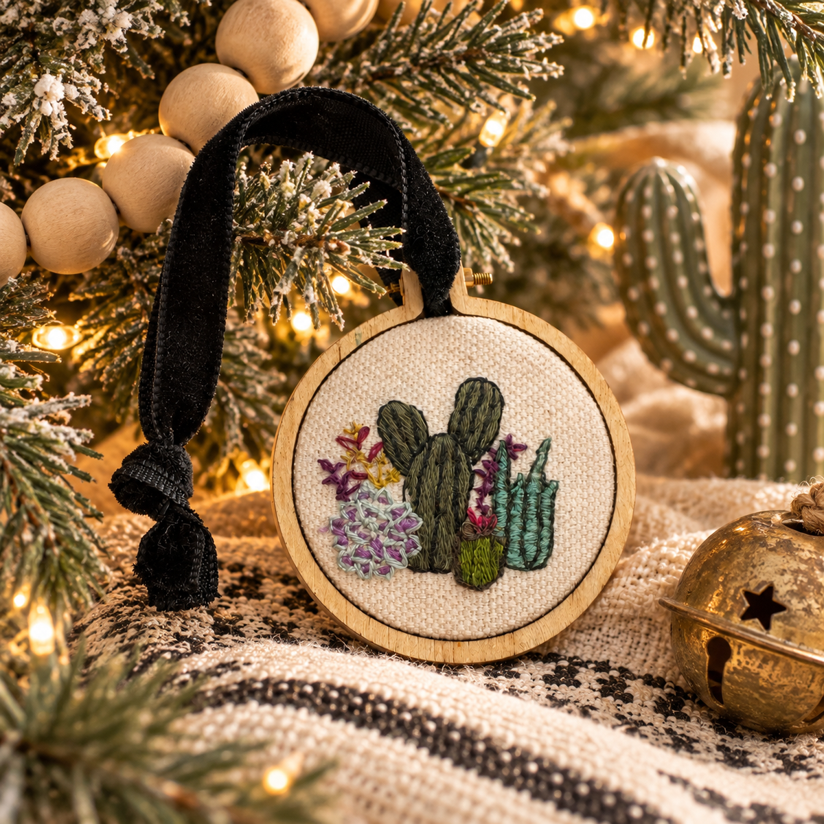 Hand-embroidered cactus Christmas ornament styled in a warm desert holiday scene