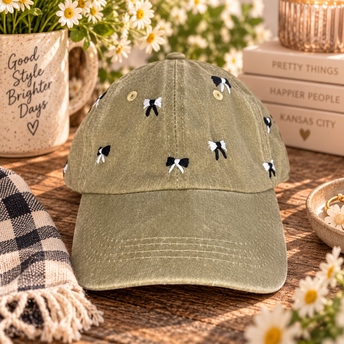 Hand-embroidered faded olive mini-bow baseball hat styled product photo