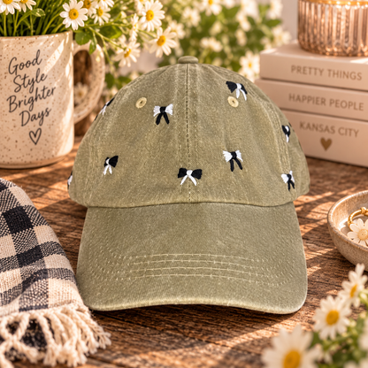 Hand-embroidered faded olive mini-bow baseball hat styled product photo