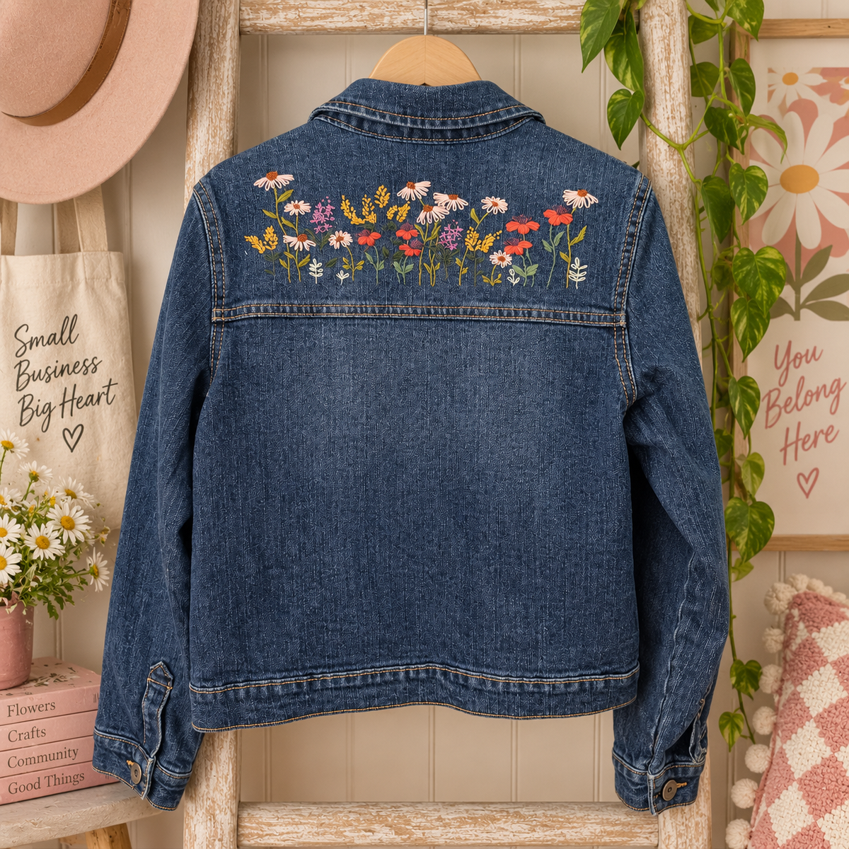 Hand-embroidered girls denim jacket with wildflower embroidery on back