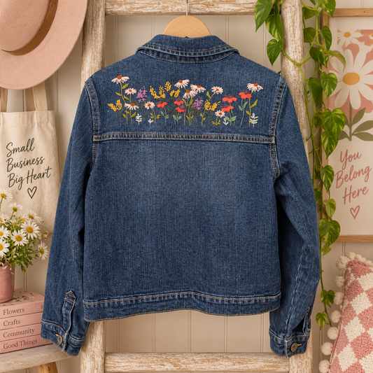Hand-embroidered girls denim jacket with wildflower embroidery on back