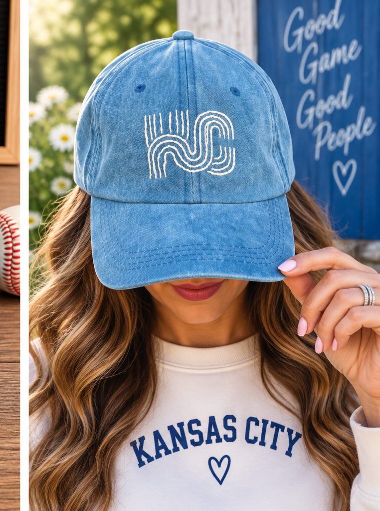 Model wearing hand-embroidered KC Royals baseball hat