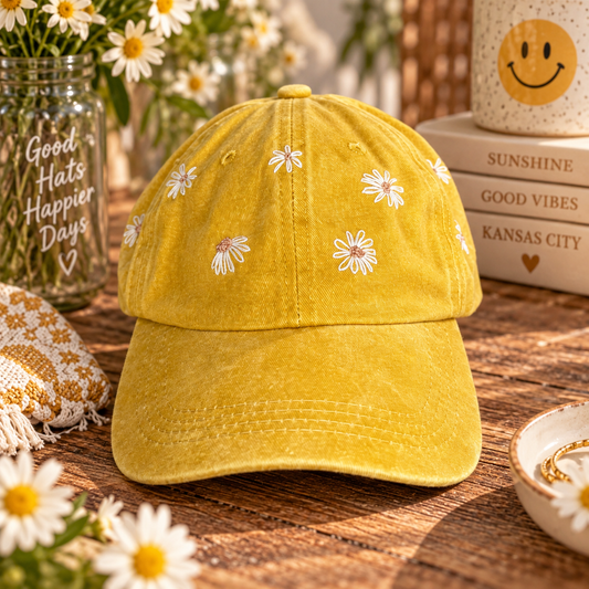 Hand-embroidered mustard daisy cap styled product photo