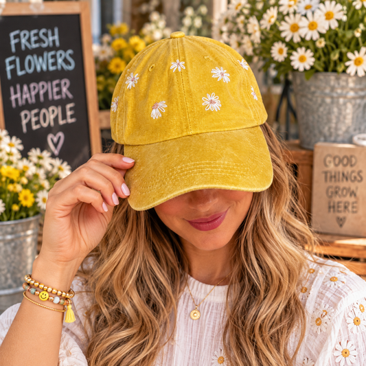 Model wearing hand-embroidered mustard daisy cap