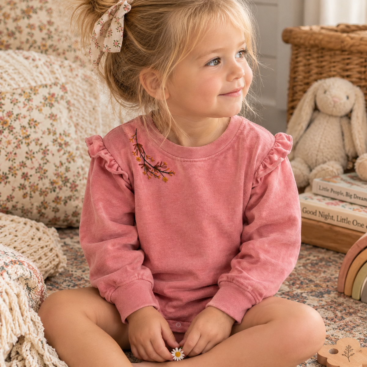 Toddler wearing hand-embroidered pink floral baby onesie in a warm boho nursery
