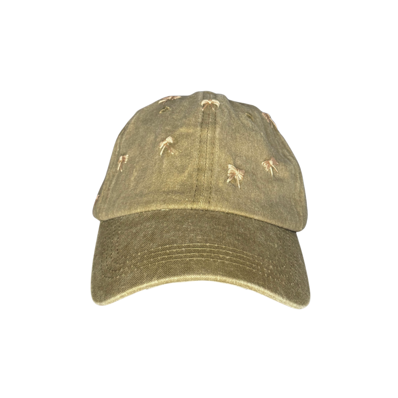 Green baseball cap with embroidered designs on a white background