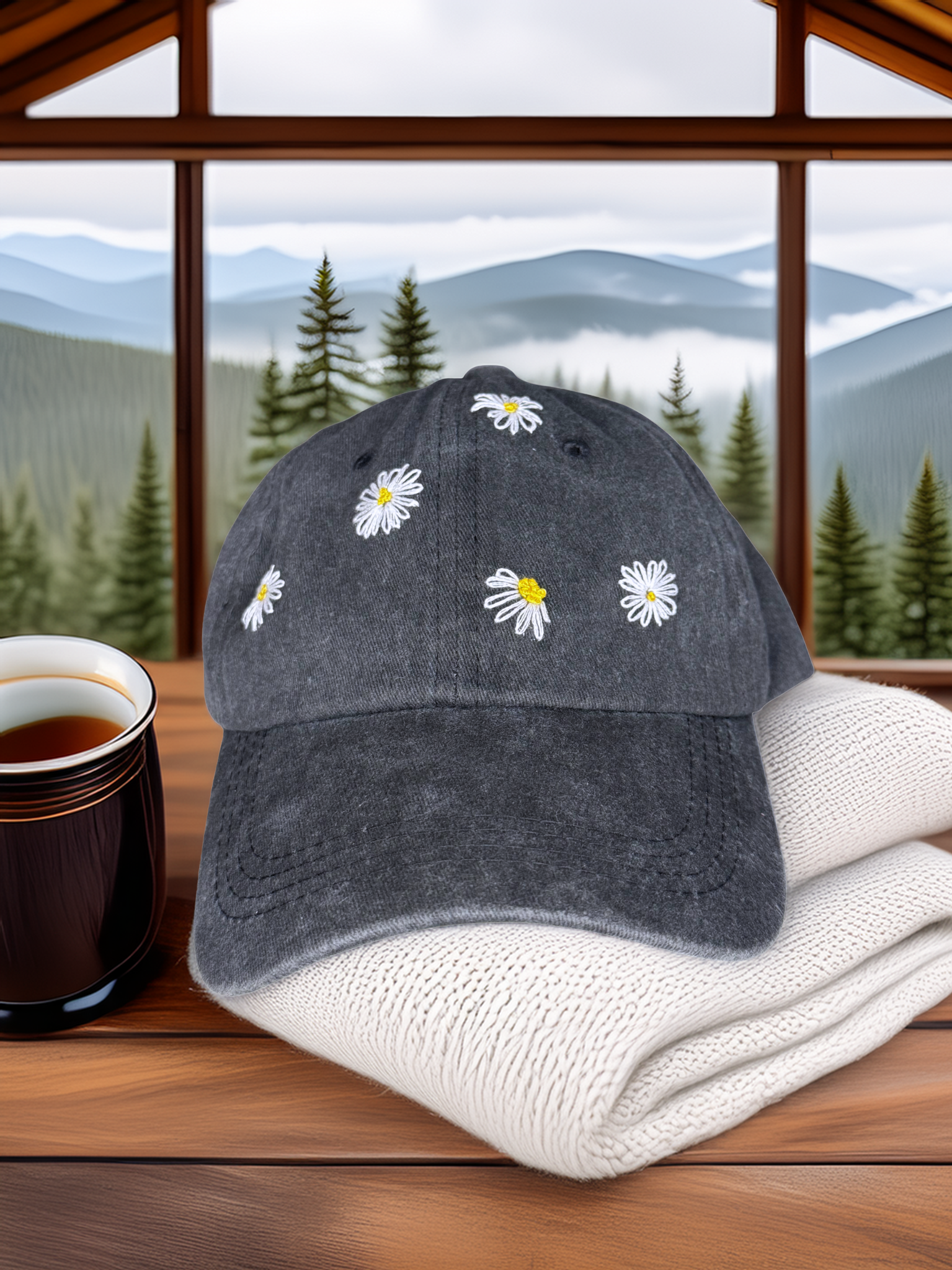 Gray cap with daisy patterns on a white blanket with a scenic view of mountains and trees in the background.