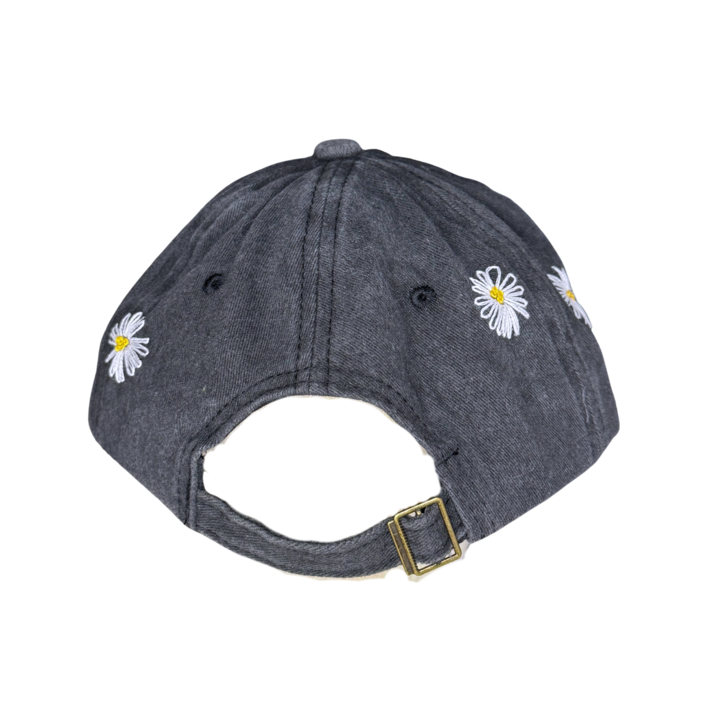Dark denim cap with embroidered daisies on a white background