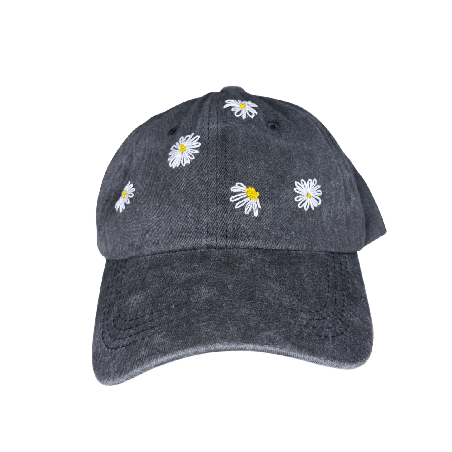 Dark denim cap with embroidered daisy flowers on a white background