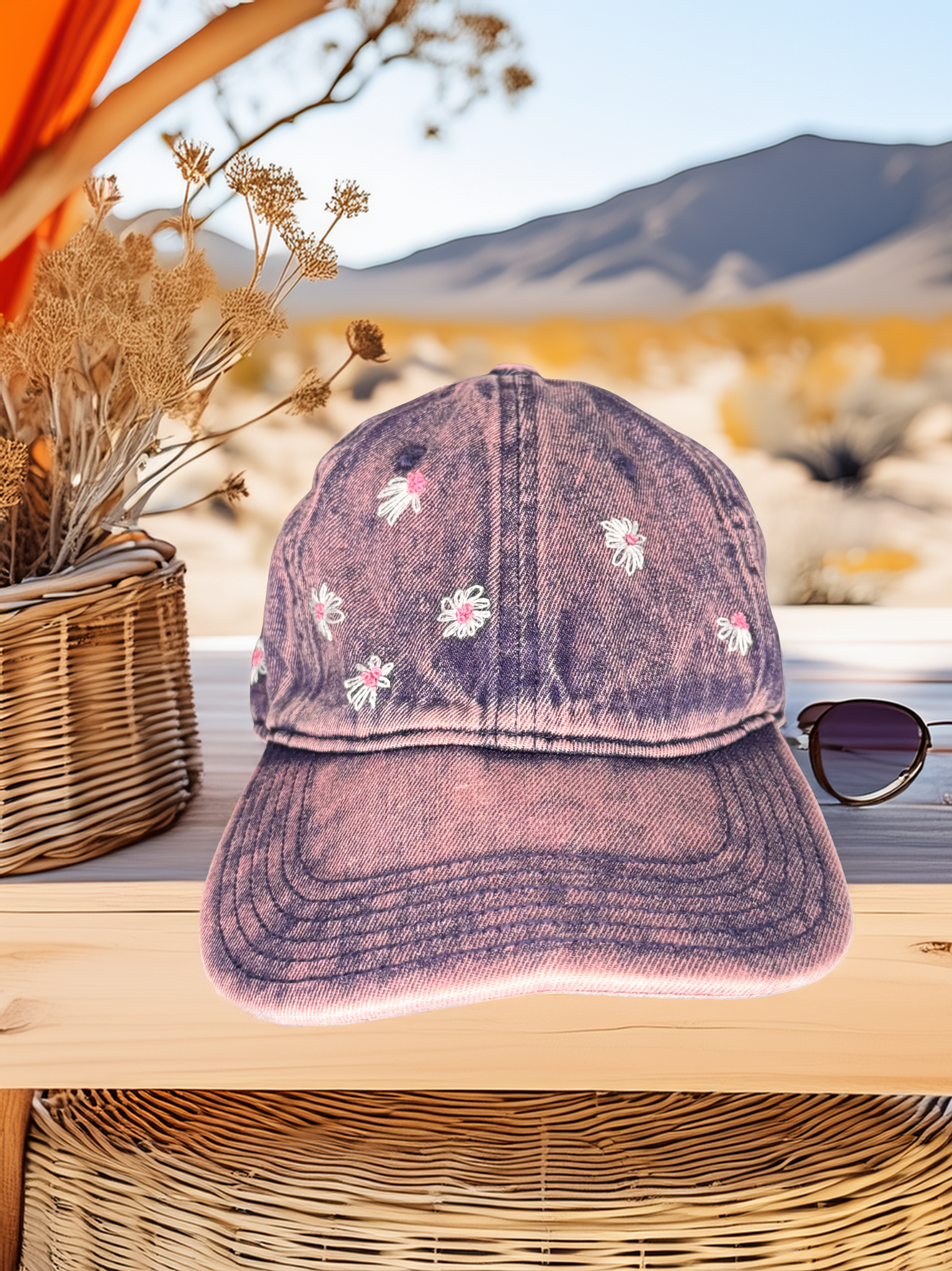 Pink denim cap with floral embroidery on a wooden surface with a mountainous background