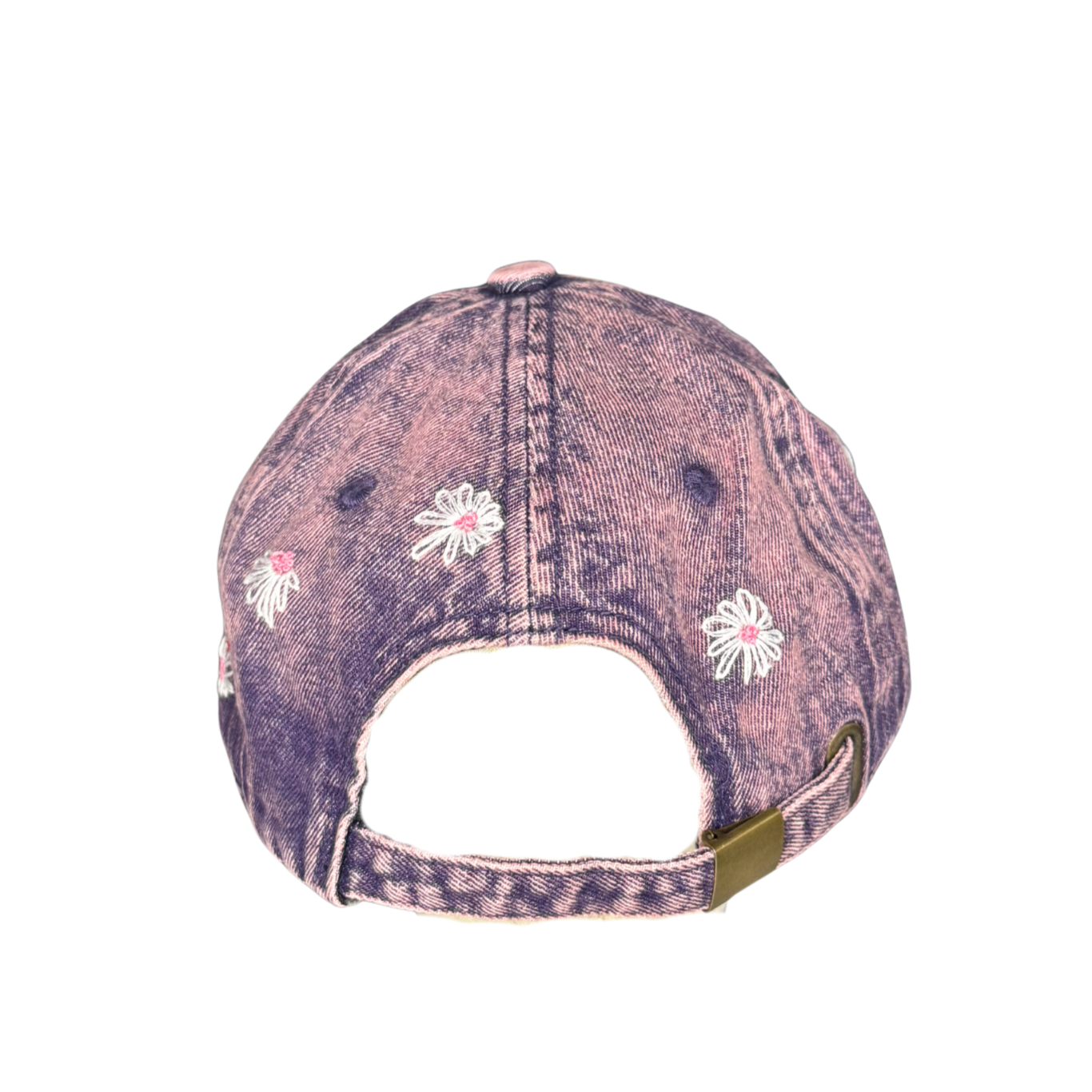 Pink distressed baseball cap with floral designs on a white background