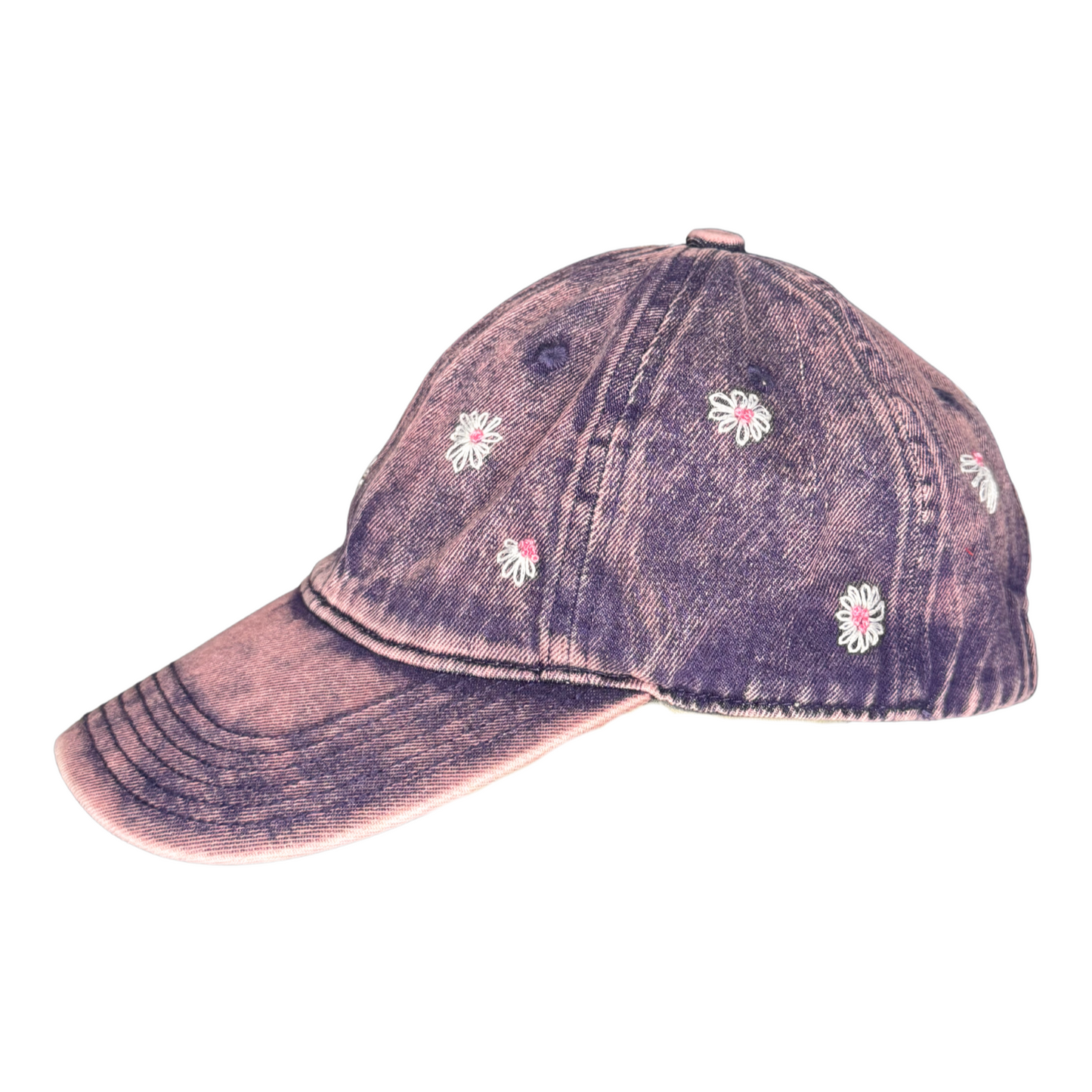 Denim cap with floral embroidery on a white background