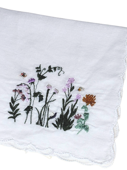 Detail shot of embroidery showing purple, orange, and green floral stitches

