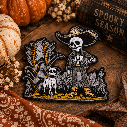 Harvest Guardian skeleton cowboy embroidered patch styled with rustic Halloween decor