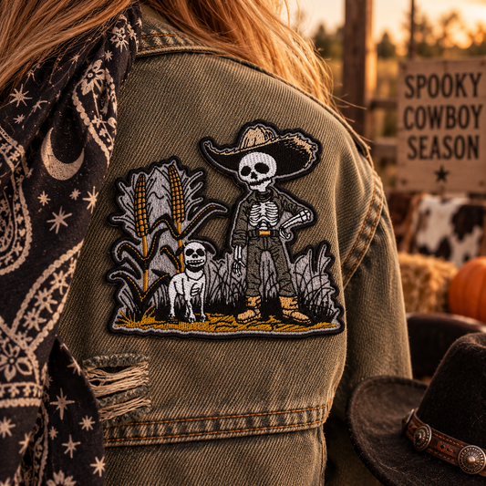 Harvest Guardian skeleton cowboy embroidered patch worn on an olive jacket