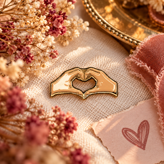 Heart Hands enamel pin warm romantic styled hero image