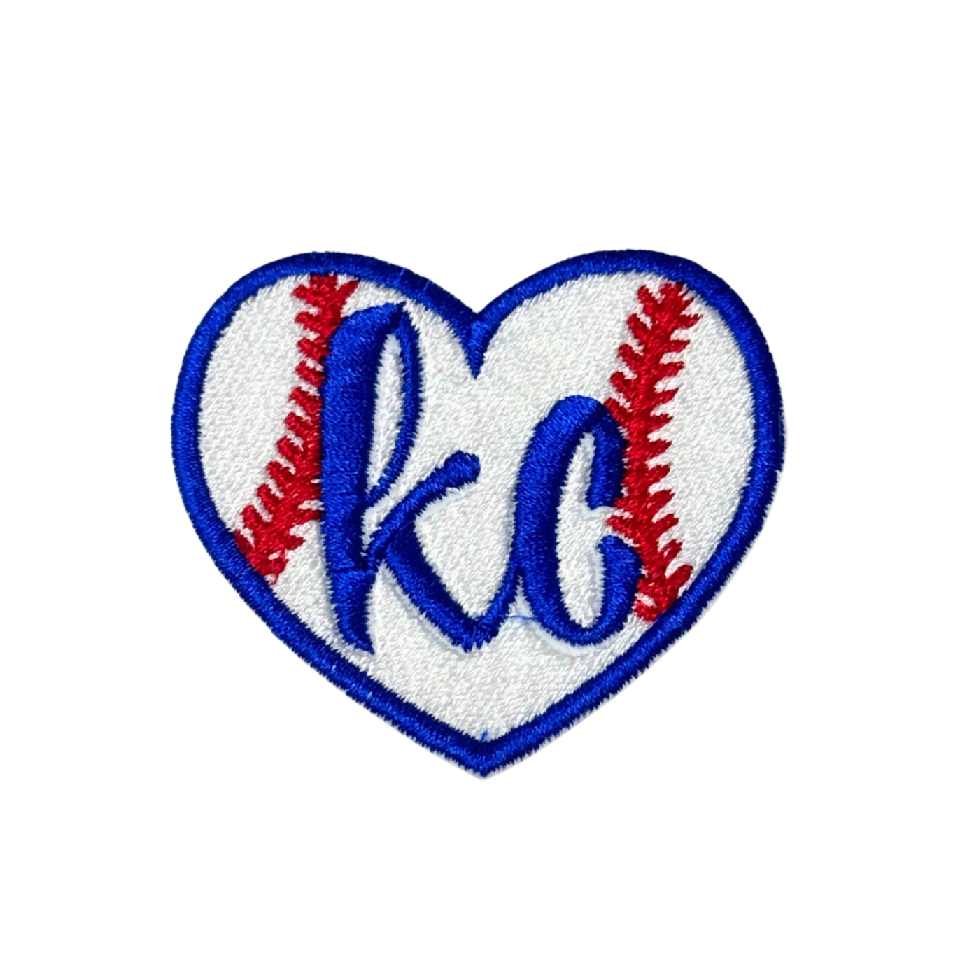 Heart-shaped embroidered patch with KC lettering and red baseball stitching in Royals colors

