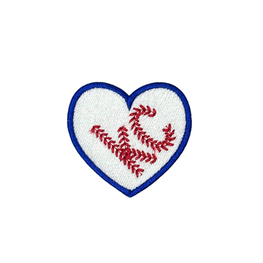 Heart-shaped KC baseball patch in red, white, and blue on white background
