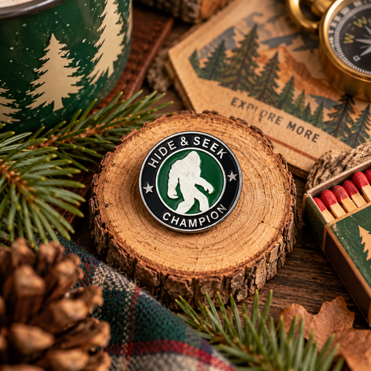 Hide and Seek Champion Bigfoot enamel pin vintage camp hero image