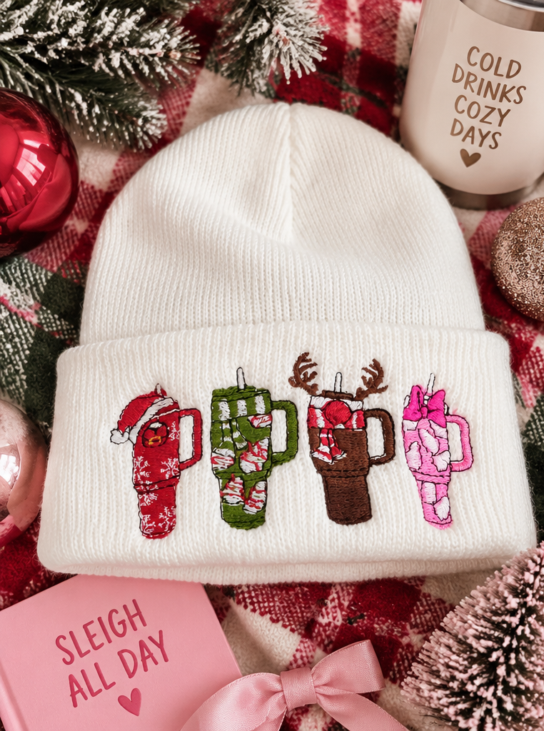 Holiday cup embroidered white beanie styled product photo