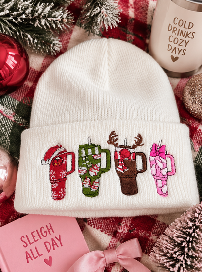 Holiday cup embroidered white beanie styled product photo