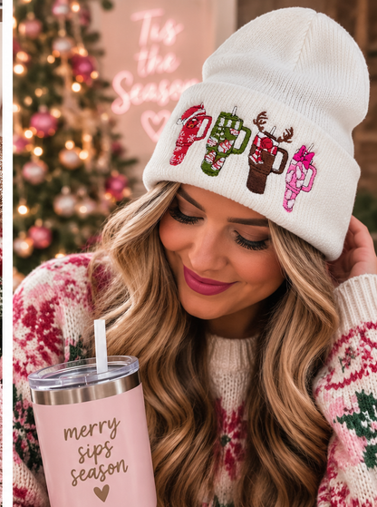 Holiday cup embroidered white beanie lifestyle photo