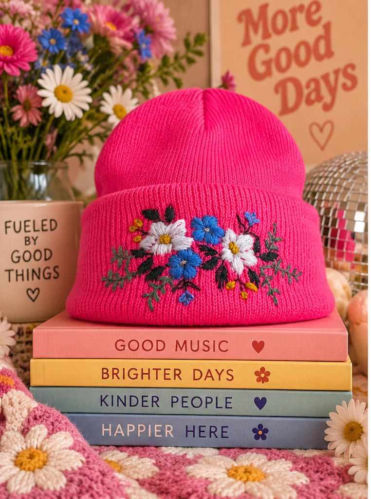 Hot pink hand-embroidered floral beanie styled product photo