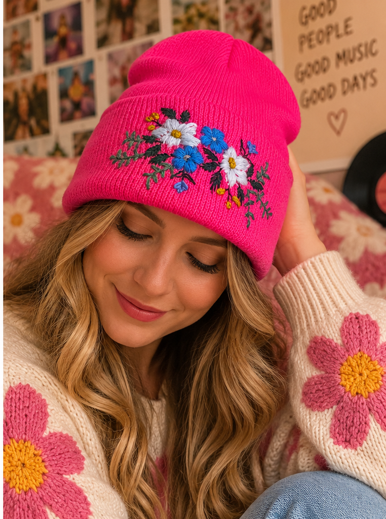 Hot pink hand-embroidered floral beanie lifestyle photo