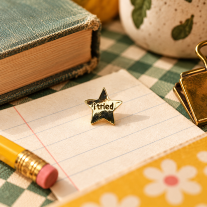 I Tried gold star enamel pin styled in a retro school desk scene