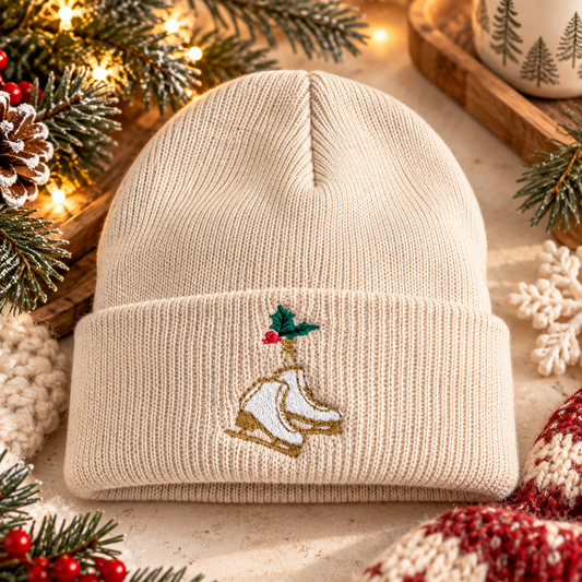 Cream winter beanie with embroidered white and gold ice skates and holly in a festive holiday setting