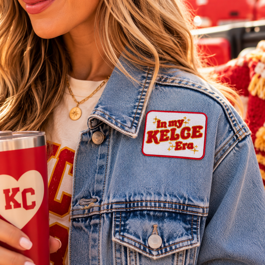 In My Kelce Era embroidered patch styled on denim jacket