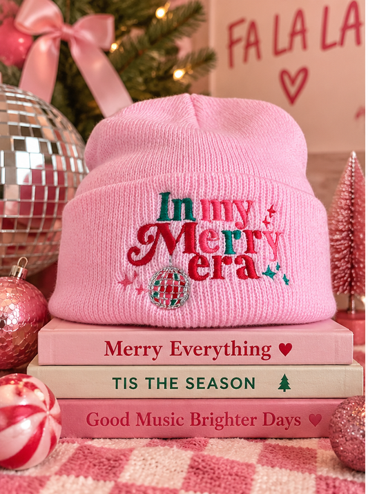 Pink In My Merry Era embroidered beanie styled hero image
