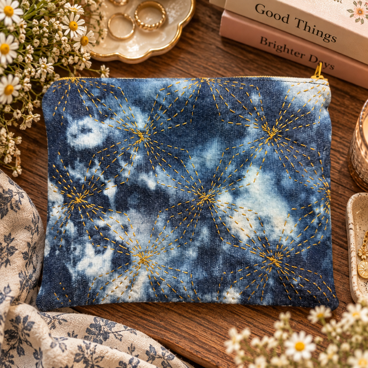 Hand-stitched indigo sashiko zipper clutch with golden embroidery