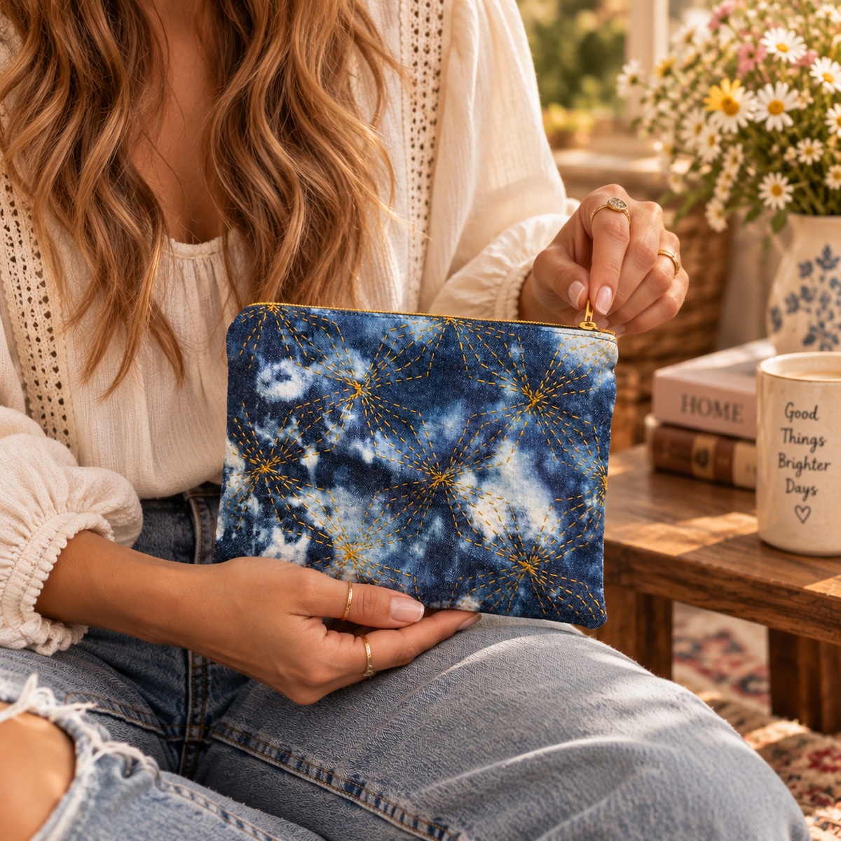 Hand-stitched indigo sashiko zipper clutch held at realistic scale