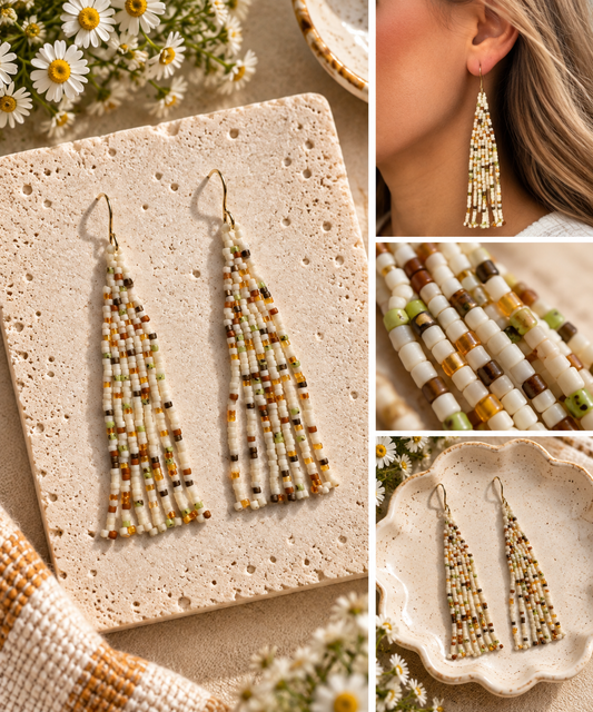 Ivory, olive, brown and gold hand-beaded tassel earrings by Milkweed Baby
