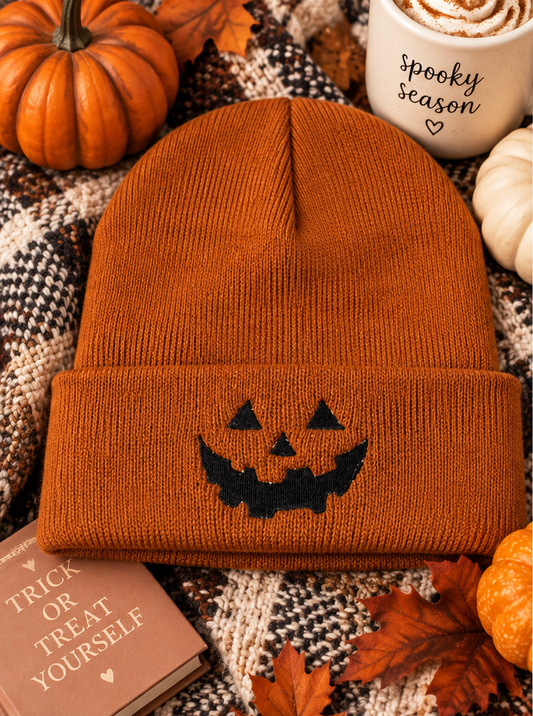 Jack-o'-Lantern embroidered orange beanie styled product photo