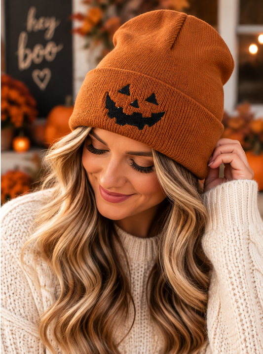 Jack-o'-Lantern embroidered orange beanie lifestyle photo
