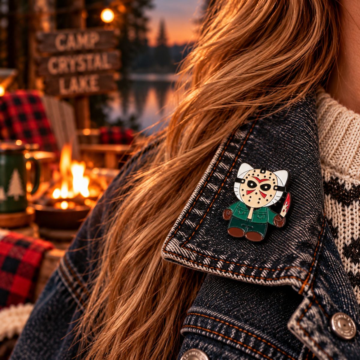 Cute slasher cat enamel pin lifestyle photo