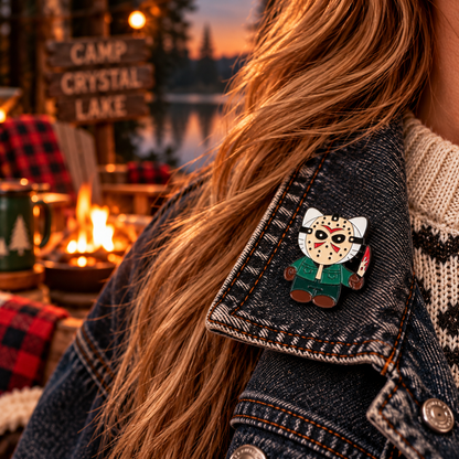 Cute slasher cat enamel pin lifestyle photo