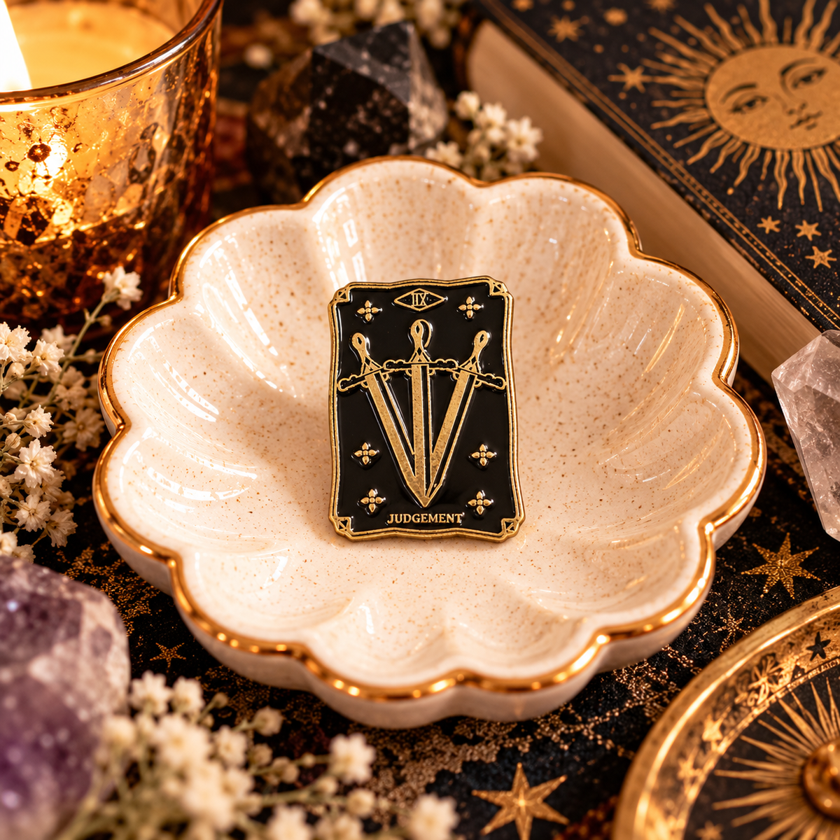 Judgement tarot black and gold sword enamel pin styled hero image