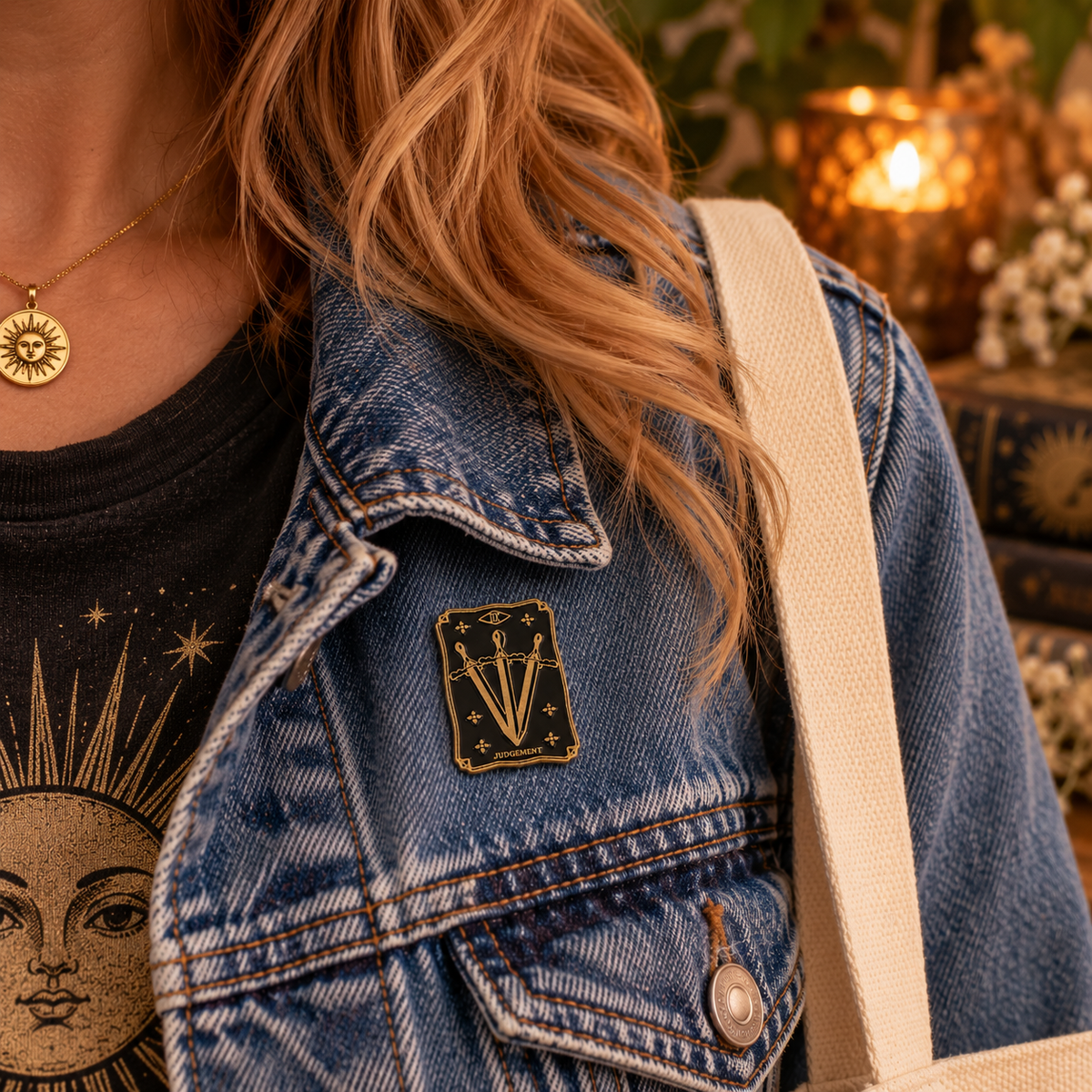 Judgement tarot enamel pin realistically scaled on denim jacket lifestyle image