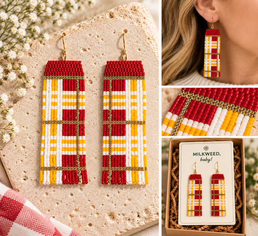 Hand-beaded Kansas City plaid statement earrings shown flat, worn, close up and on a Milkweed baby display card