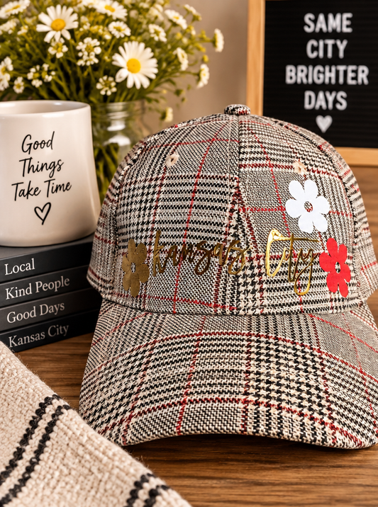 Kansas City plaid baseball hat with floral detail styled product photo