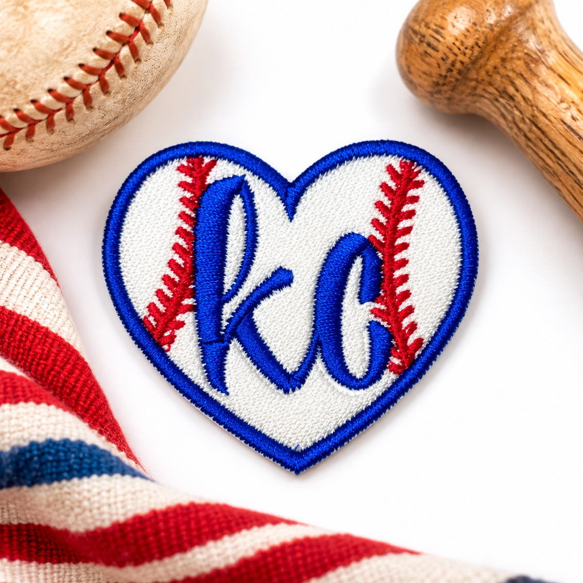 KC Baseball Heart Iron-On Patch blue red styled hero