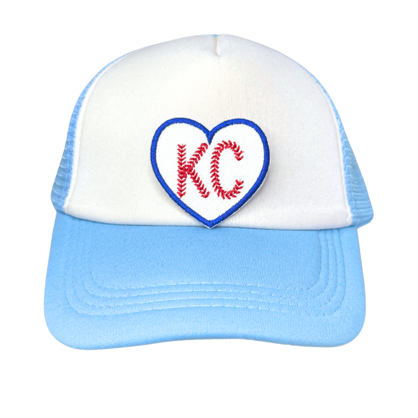 KC baseball heart patch on white and blue trucker hat

