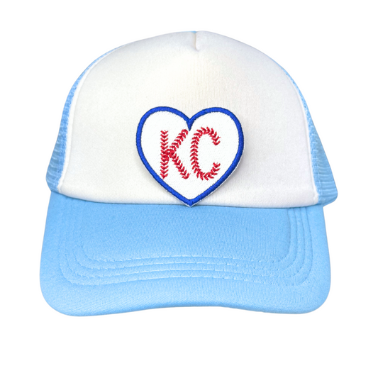 KC baseball heart patch on white and blue trucker hat

